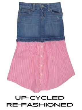 OLD NAVY Refashioned Up-cycled Long Denim Jean Striped Shirt Skirt - Girl's 7